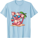 Animal Party Summer Vacay Mood Party Pig Palm Trees Summer Vacation T-Shirt - Baby Blue