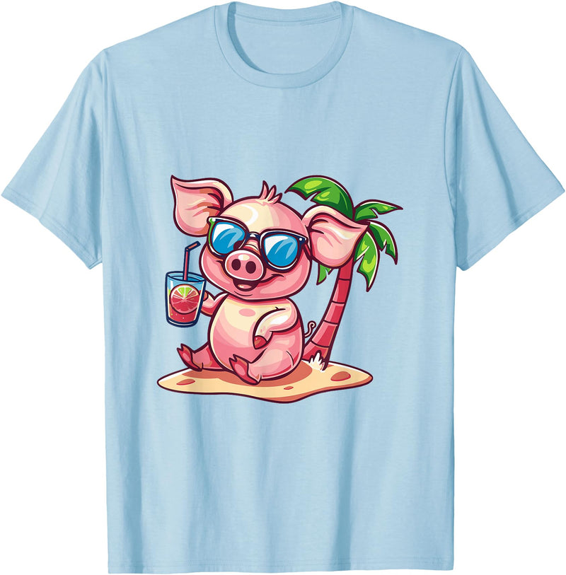Animal Party Summer Vacay Mood Party Pig Palm Trees Summer Vacation T-Shirt - Baby Blue