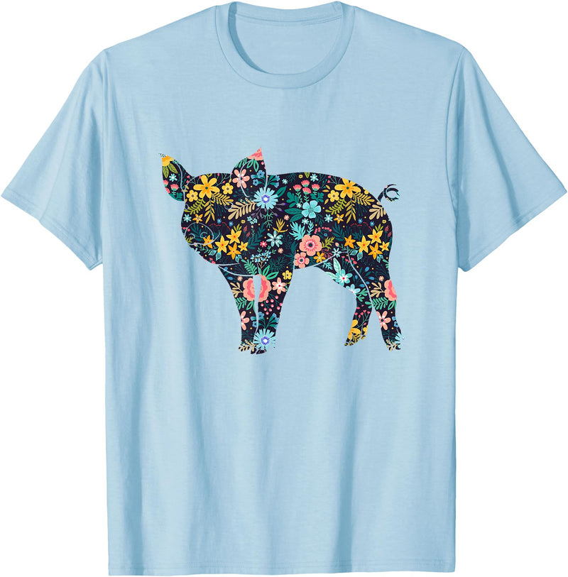 Animal Hog Floral Silhouette Pig Lover Floral Piglet Silhouette Womens Girls Graphic Pig T-Shirt - Baby Blue
