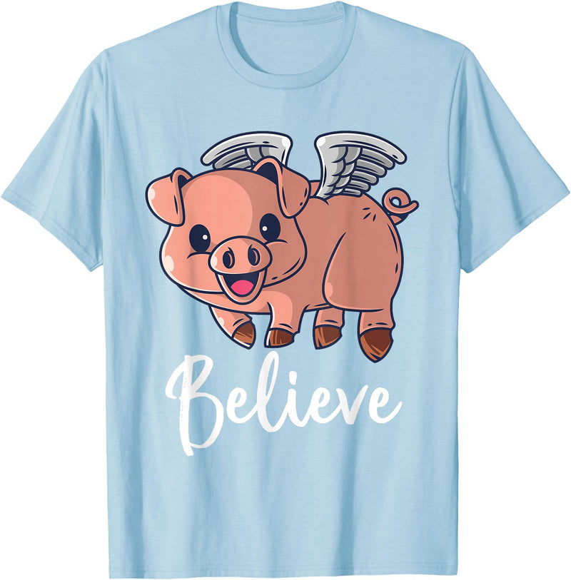 Buddy Tees Flying Pig with Wings Believe Motivational Pigs T-Shirt - Baby Blue