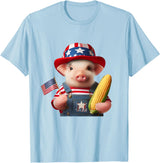 Pig Corn 4th of July Design 4th of July Pig American Us Flag Patriotic Corn 4th of July T-Shirt - Baby Blue