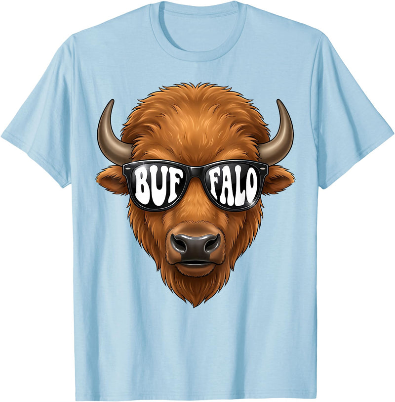 generic Buffalo with Sunglasses Wildlife Graphic for Men Women Kids T-Shirt - Baby Blue