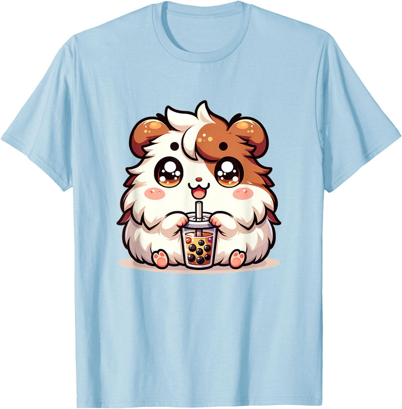 Cute Kawaii Animals Drinking Boba Tea Co. Cute Kawaii Chibi Guinea Pig Drinking Boba Tea T-Shirt - Baby Blue