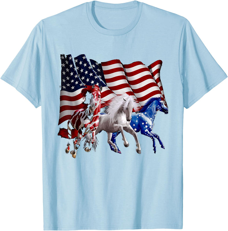 Happy 4th Of July American Flag Red White Horse And Blue T-Shirt - Baby Blue