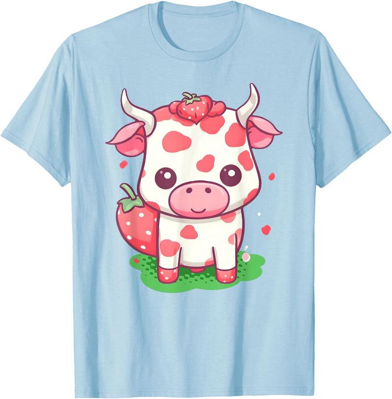 Strawberries Cow Baby Animal Kids Cute Apparel Cow Strawberry Cute Kawaii Pink Pastel Strawberry Milk Farm T-Shirt - Baby