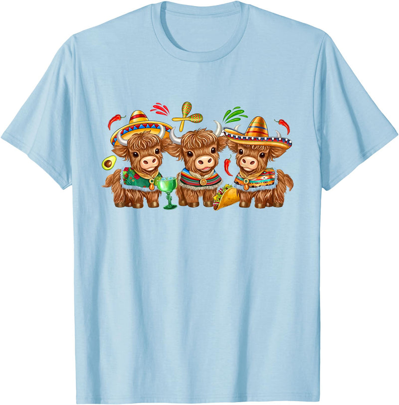 Funny Cinco De Mayo Highland Cow Mexican Fiesta Cute Cinco De Mayo Highland Cow Sombrero Mexican Fiesta T-Shirt - Baby Blue