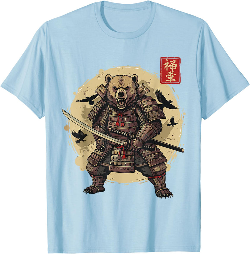 Anime Shirts For Men Women Kids Gifts Samurai Bear Shirt Warrior Vintage Graphic Japanese Men T-Shirt - Baby Blue
