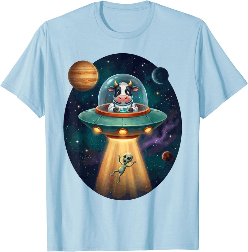 Cow Astronaut Alien Abduction Space Apparel FUUNY Cow Astronaut UFO Abducting Alien Space Farm T-Shirt - Baby Blue