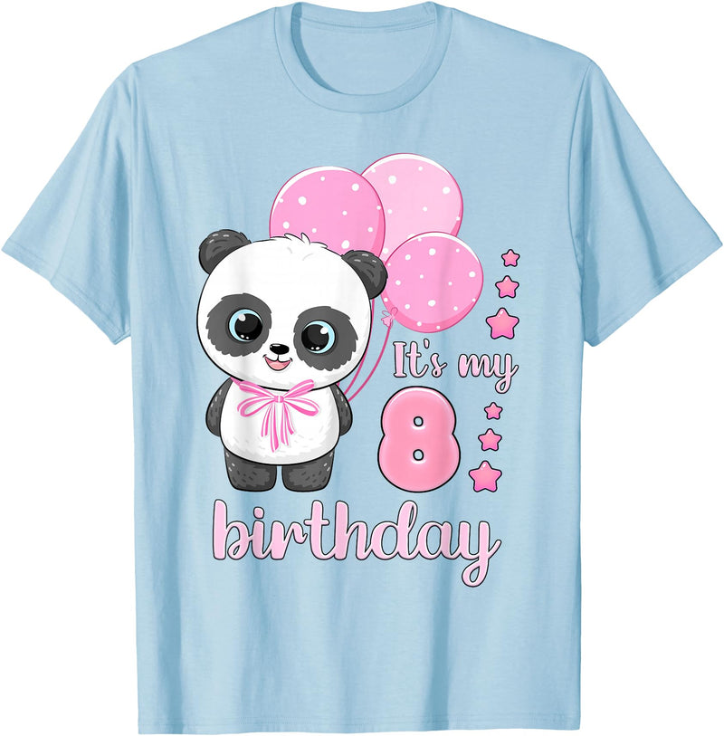 Birthday Gifts for Girls by Content Design Studio Birthday Girl 8 Panda Pink Balloons T-Shirt - Baby Blue