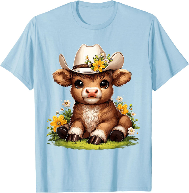 Cute Scottish Highland Cow Lovers Scottish Highland Cow Flowers Cattle Hairy Cow T-Shirt - Baby Blue