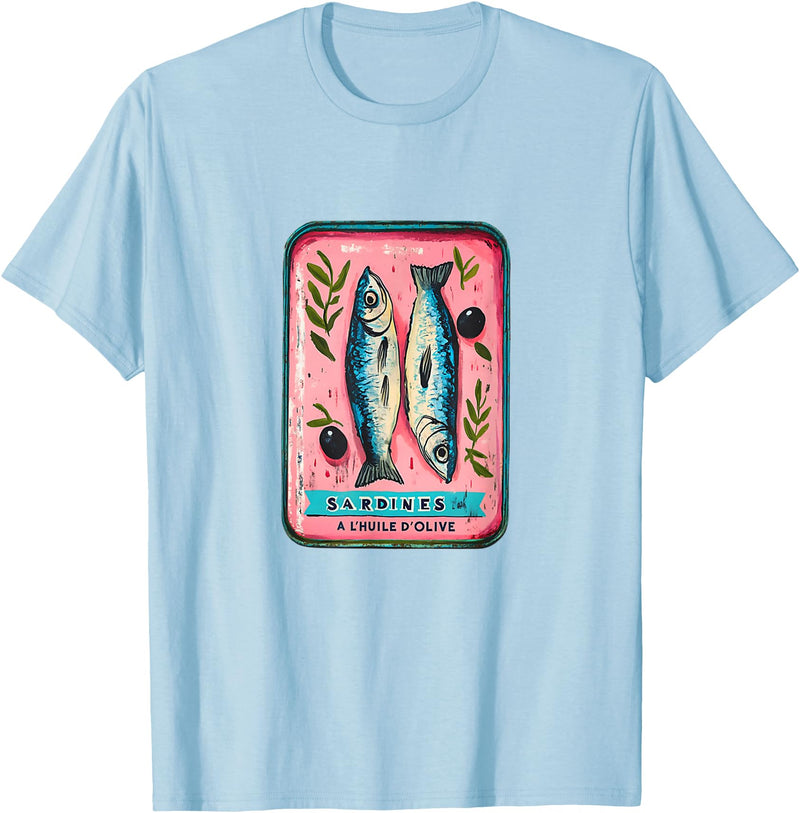 Coastal Nautical Sardine Apparel Co. Sardines Fish Tin Womens Salty Summer Fisherman Cute Top T-Shirt - Baby Blue