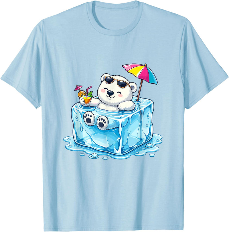 Cool Polar Bear Summer Ice Cube Relax Chill Polar Bear On Ice Cube Summer Vacation T-Shirt - Baby Blue