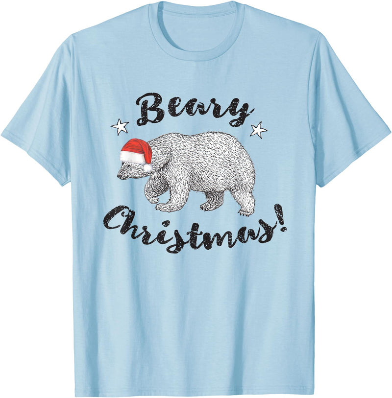 ChescaMade Christmas Apparel Beary Christmas Cute Polar Bear In Santa Hat T-Shirt - Baby Blue
