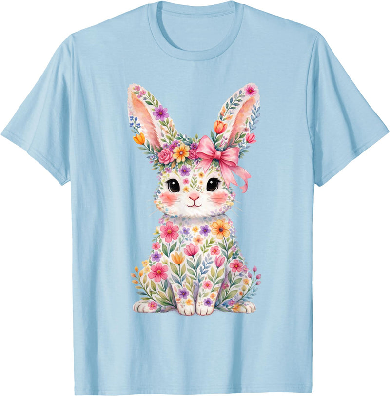 Cute Pink Flower Bunny Rabbit Happy Easter Women Girls T-Shirt in Baby Blue