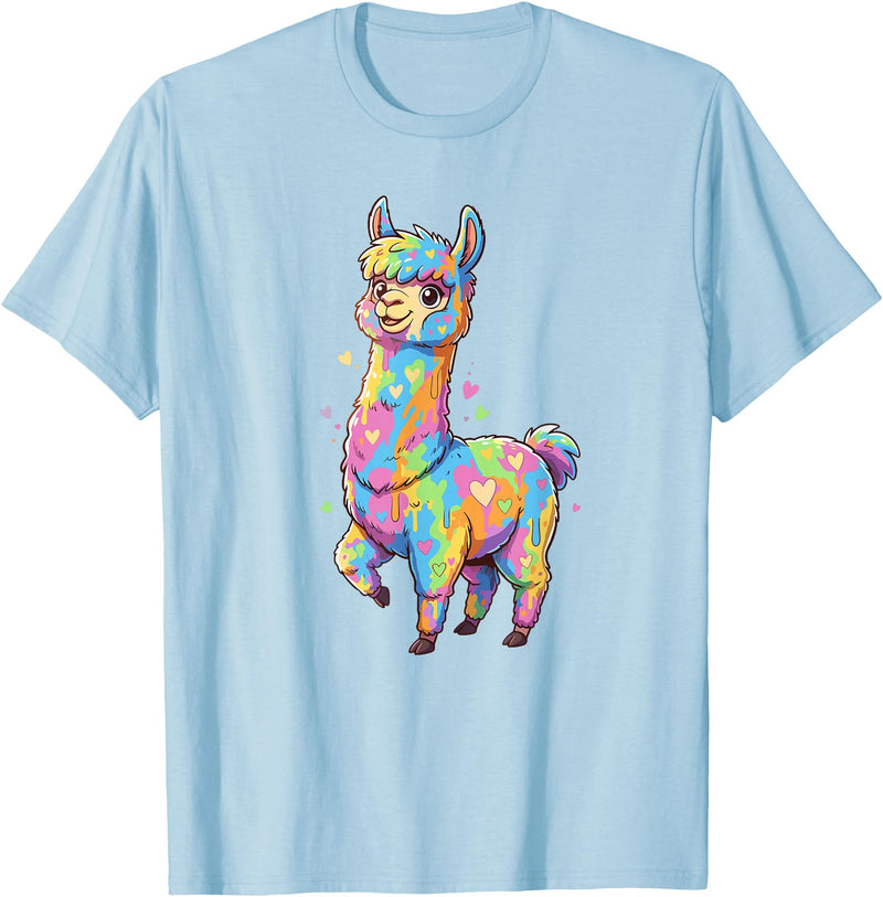 Rainbow Llama Love Pastel Hearts Kawaii Colorful Rainbow Heart Llama Kawaii Cute T-Shirt - Baby Blue