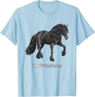Horse Lover Art by CSForest I Love Friesians Black Friesian Draft Horse Lovers Gift T-Shirt - Baby Blue