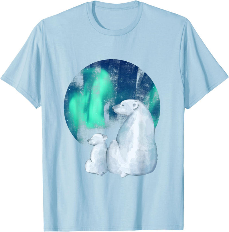 Northern Aurora Borealis Lights Designs Northern Aurora Borealis Lights Cute Polar Mother Bear Cub T-Shirt - Baby Blue