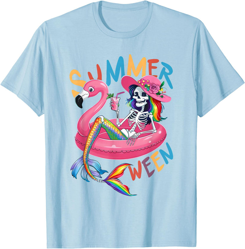 Summer Halloween Summerween Summerween Mermaid Skeleton Flamingo Summer Halloween Women T-Shirt - Baby Blue