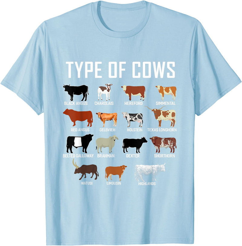 COW Designs By ShirtZilla Types of Cows Shirt Farmer Tee Shirt Costume Cow T-Shirt - Baby Blue