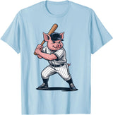 Pig Animal Baseball Lovers Graphic Funny Pig Playing Baseball Artwork Vintage Animal Baseballer T-Shirt - Baby Blue
