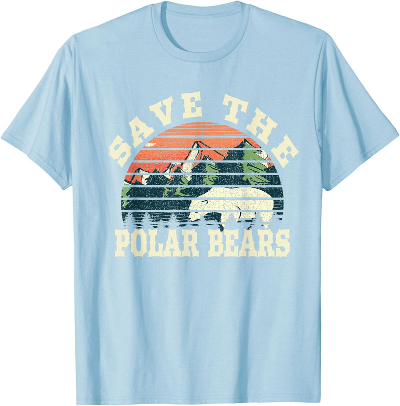 Save The Polar Bears By KnM Vintage Retro Sunset Landscape Save The Polar Bears T-Shirt - Baby Blue