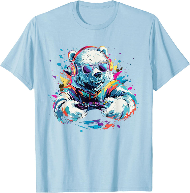 Colorful artistic polar bear gamer animal motifs Gaming Polar Bear Colorful Headset Art Gamer Polar Bear T-Shirt - Baby Blue