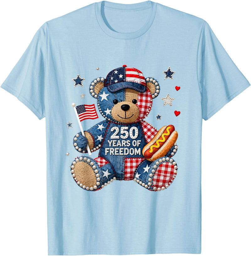 Patriotic Bear USA Vintage Co 250 Years of Freedom Patriotic Bear USA Retro T-Shirt - Baby Blue