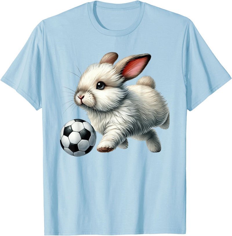 Cute Bunny Soccer Player Rabbit Kicking Ball T-Shirt in Baby Blue