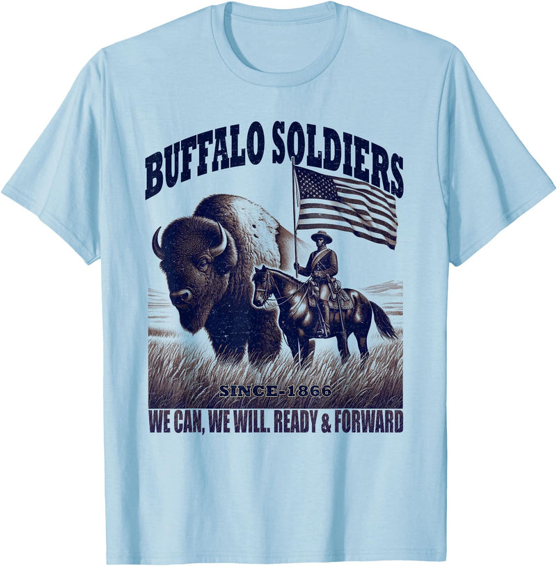 Buffalo Soldiers Vintage Military Graphic Tees Buffalo Soldiers, African American Black History Military T-Shirt - Baby Blue