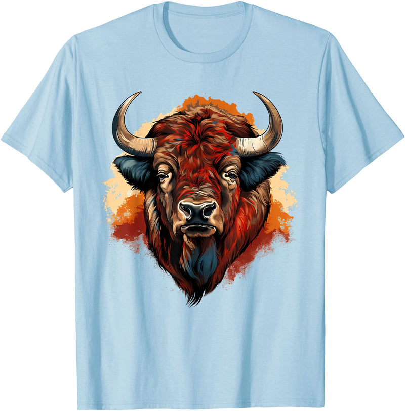 Safari Animal Art Buffalo Portrait Bison Drawing Splash Artwork Animal Print T-Shirt - Baby Blue