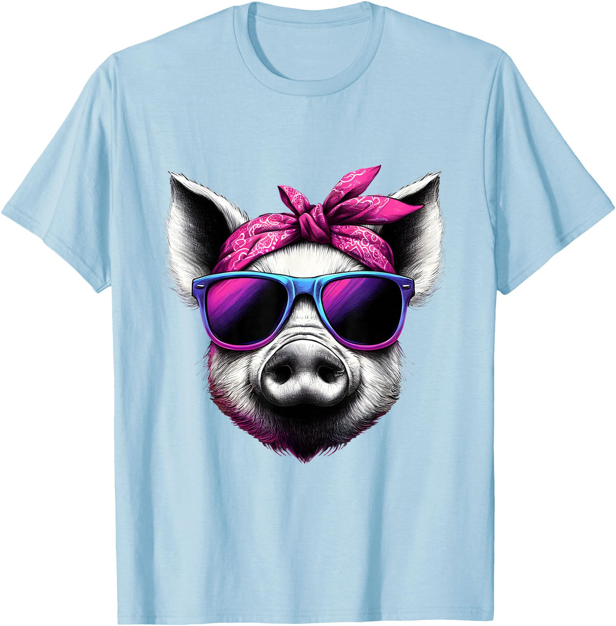 Fashionable Animals Wearing Pink Bandanas Pig Wearing Pink Bandana Headband and Sunglasses T-Shirt - Baby Blue
