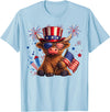 Funny Highland Cow Graphic Tee Men Women Highland Cow 4th of July Vintage American Flag T-Shirt - Baby Blue