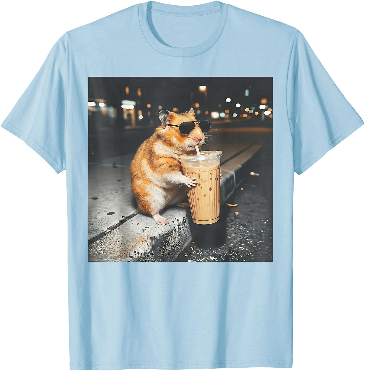 Hamster Drinking Iced Coffee Funny Animal Meme Men Women T-Shirt - Baby Blue