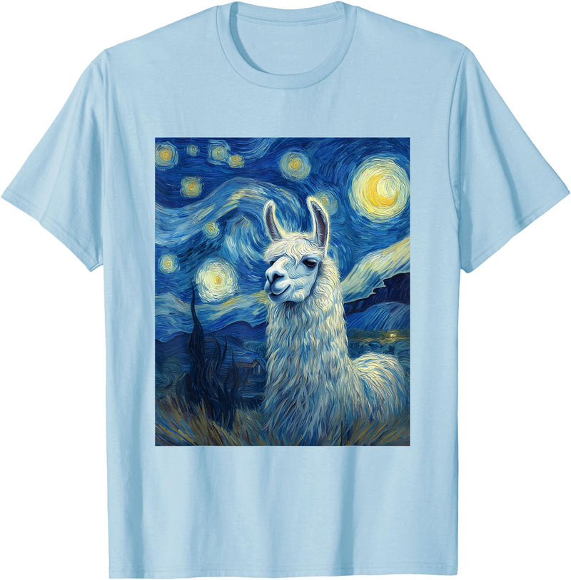 Llama Designs. Llama Alpaka Van Gogh Style Starry Night Funny Graphic T-Shirt - Baby Blue