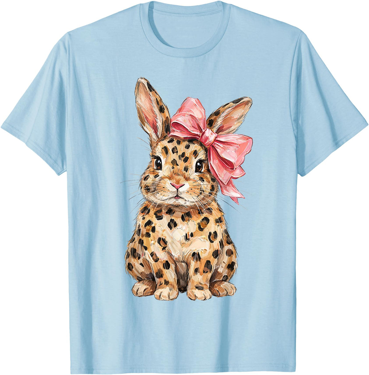 Cute Bunny Leopard Coquette Bow Rabbit Easter Women Girls T-Shirt in Baby Blue