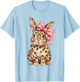Cute Bunny Leopard Coquette Bow Rabbit Easter Women Girls T-Shirt in Baby Blue