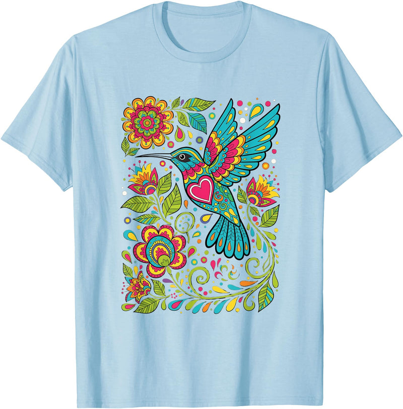 FolkFlight Design Co Bird Hummingbird Floral Folk-Art Colorful T-Shirt - Baby Blue