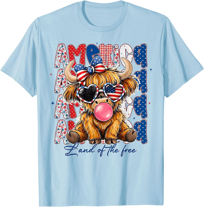 Cute Cow Creations Highland Cow 4th of July, Patriotic Cowgirl Bow Design T-Shirt - Baby Blue