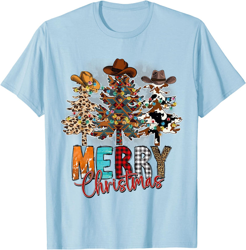 Cowboy Merry Christmas Tree Western Xmas Gifts Merry Christmas Trees Western Cowboy Buffalo Plaid Leopard T-Shirt - Baby Blue