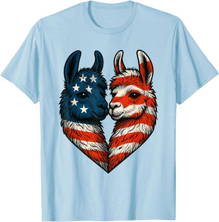 Fourth of July Clothing Co. Patriotic Llamas Heart American Flag 4th of July Graphic T-Shirt - Baby Blue