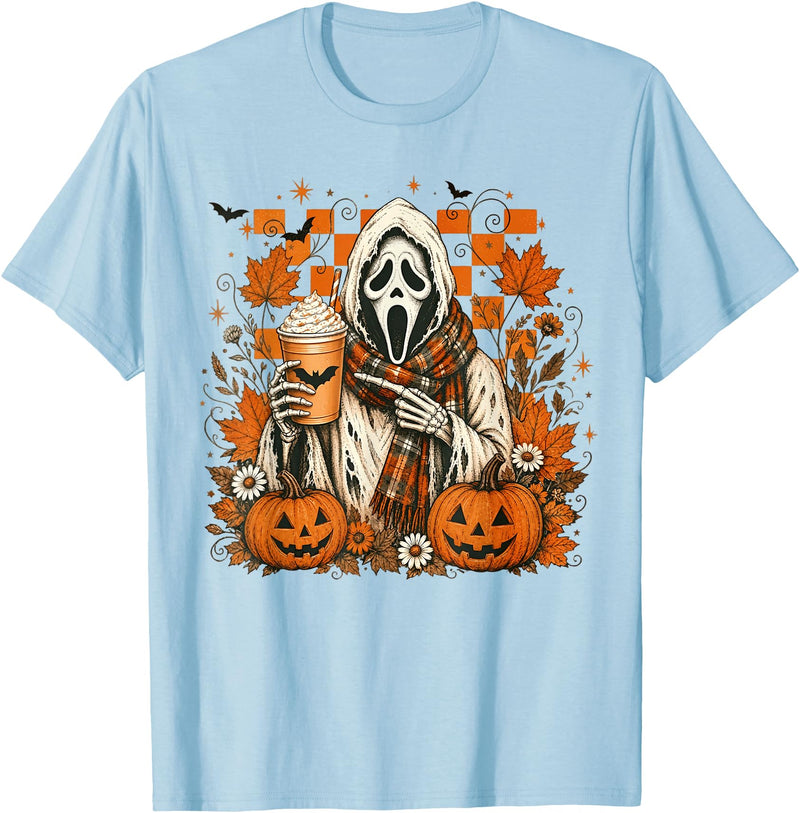 Halloween Pumpkin Ghost Autumn Leaves Graphic Cute Spooky Ghost Fall Halloween Coffee Latte Autumn Pumpkin T-Shirt - Baby