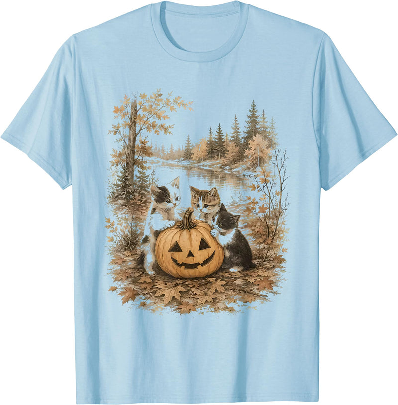 Vintage 90s Cats And Pumpkin Halloween Women Men Funny Retro 90s Kitten Black Cats and Pumpkin Halloween T-Shirt - Baby Blue