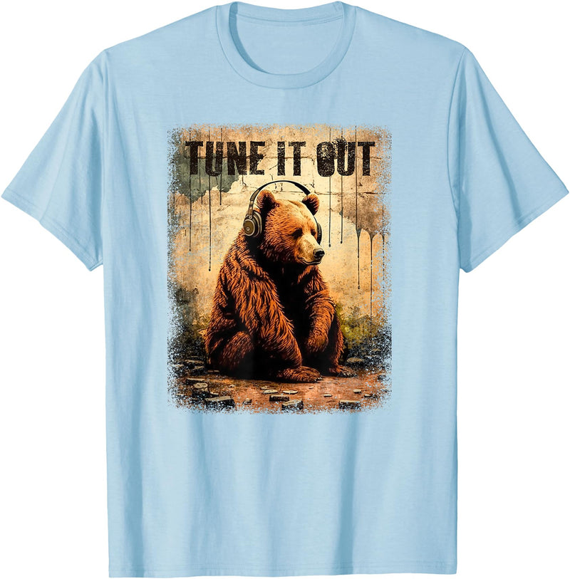Tune It Out Bear - HQ Tune It Out Brown Bear With Headphones Grizzly Music Noise T-Shirt - Baby Blue