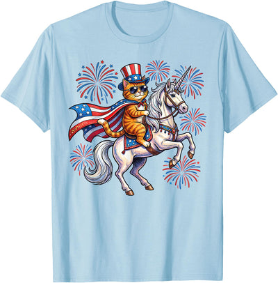4th of July Cat Unicorn Tee Patriotic Cat Riding Unicorn 4th of July Fireworks USA Flag T-Shirt