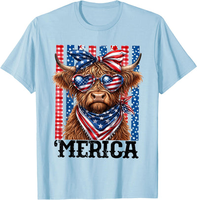Striped Merica Highland Cow 4th of July Us Flag Retro July T-Shirt