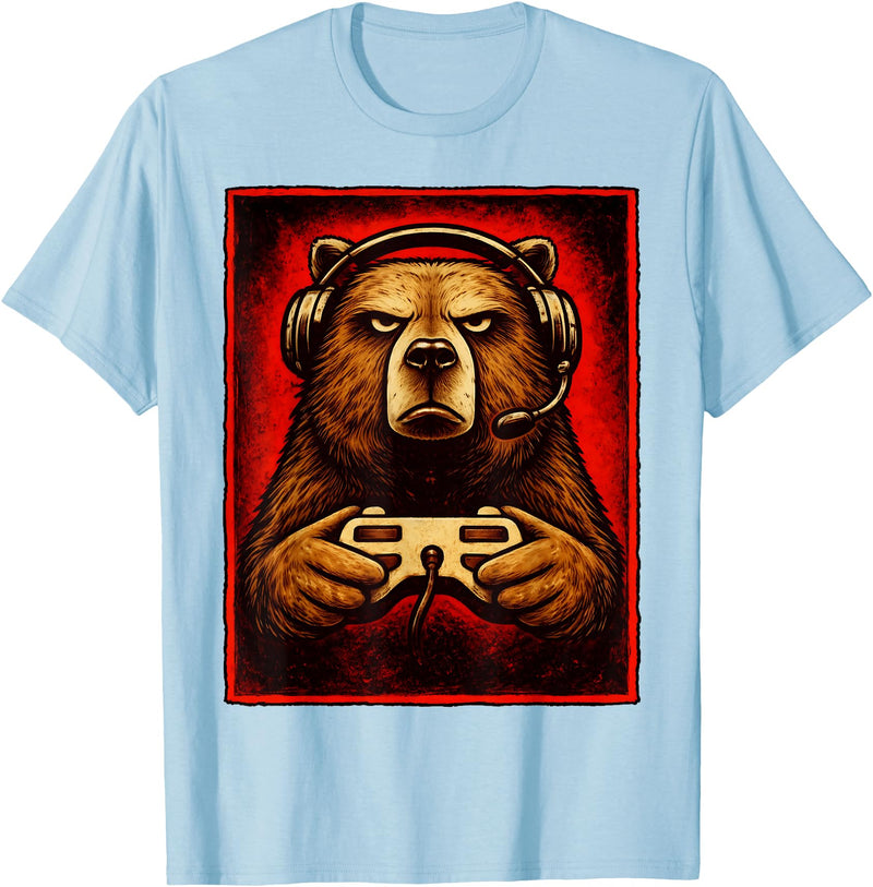 Funny Gaming Bear Gamer Graphic Gamer Bear Graphic Funny Gaming Animal Grizzly Bear Costume T-Shirt - Baby Blue