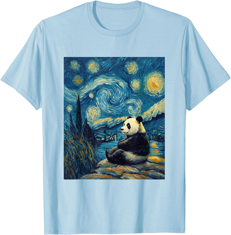 Bear Designs. Cute Panda Bear Van Gogh Style Starry Night Graphic T-Shirt - Baby Blue