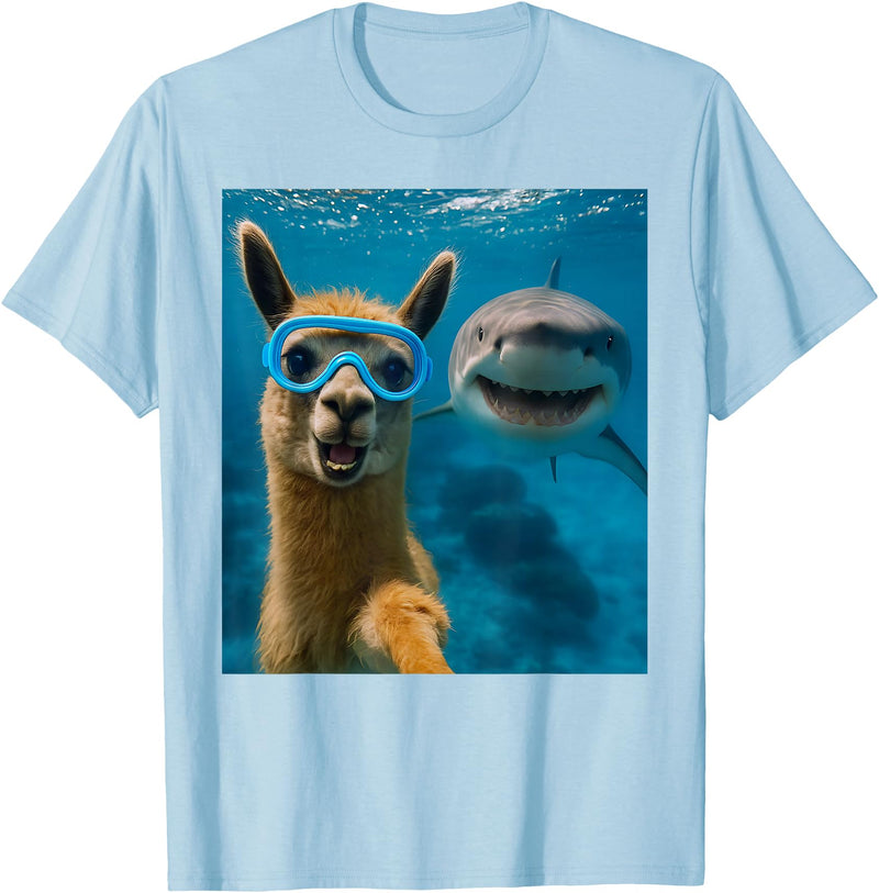 Selfie Llama and Shark Summer Scuba Diving Funny Llama Selfie with Shark Ocean Lovers T-Shirt - Baby Blue