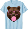 Bear Face Wearing Glasses Apparel For Women ladies Cute Bear Face Eating Gum and Makes Bubble Funny Bears Women T-Shirt - Baby Blue