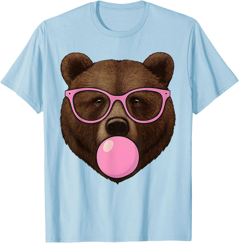 Bear Face Wearing Glasses Apparel For Women ladies Cute Bear Face Eating Gum and Makes Bubble Funny Bears Women T-Shirt - Baby Blue